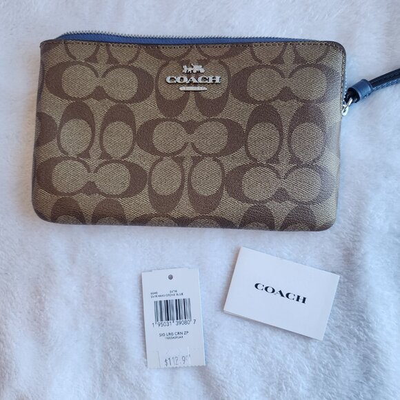 NWT COACH Large Corner Zip Wristlet In Signature Canvas Khaki/Stone Blue 6648‎ - Picture 7 of 7